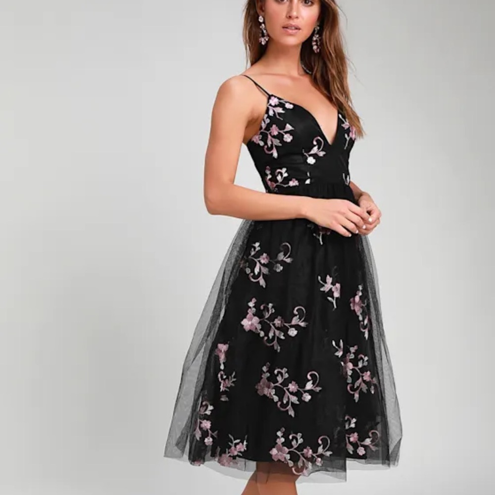 Lulu's Black Dress with Pink Floral Embroidery